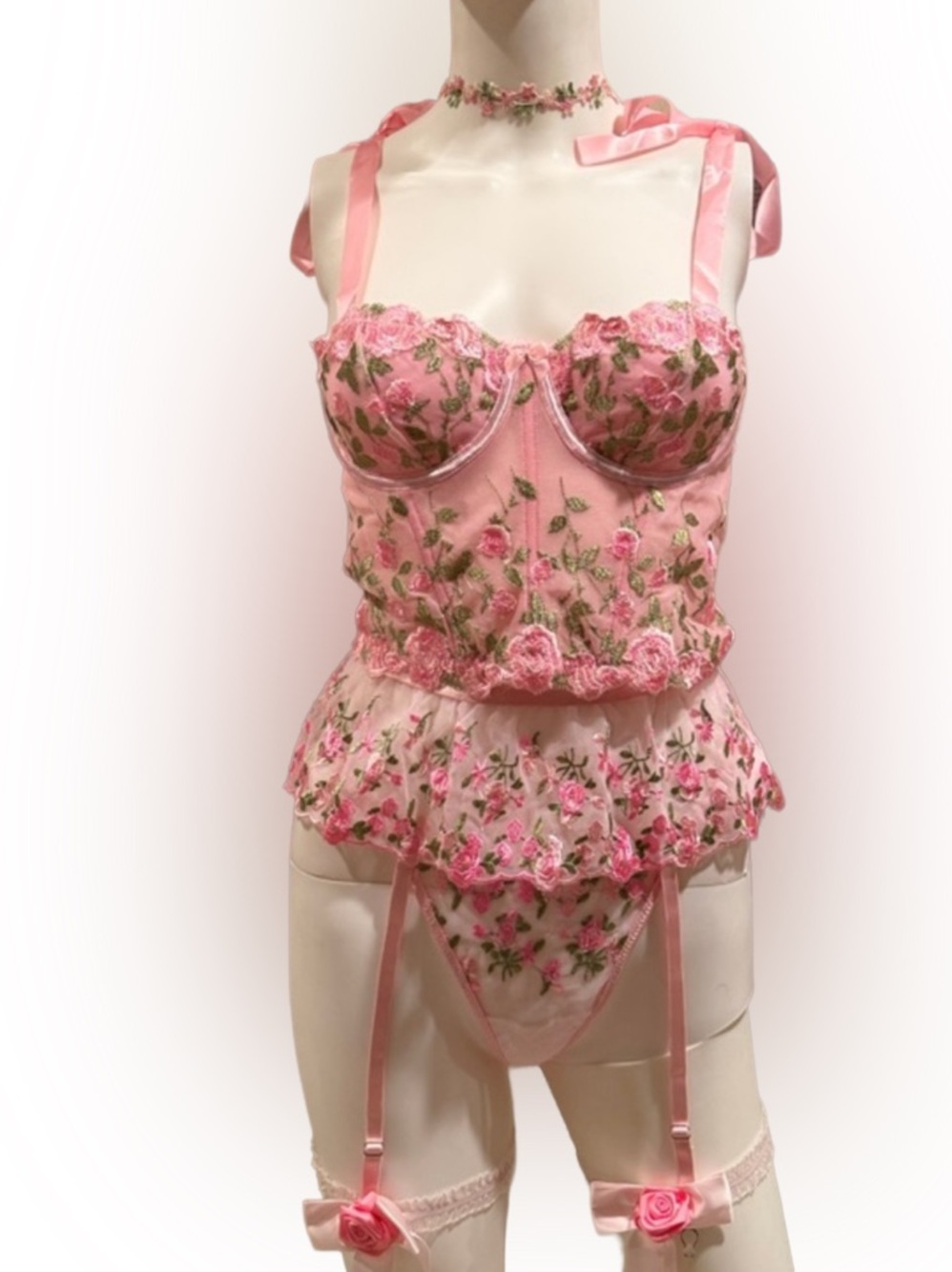 5 PC Floral Embroidered Pink Garter Set